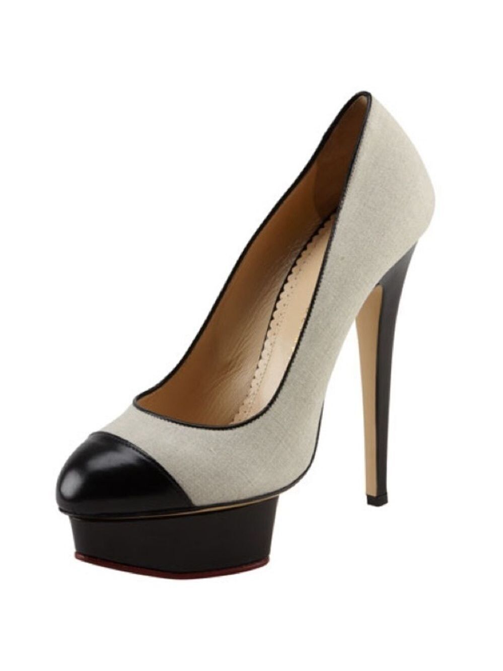 Charlotte Olympia Monacoco Linen Canvas Leather Cap-Toe Platform High Heel 40